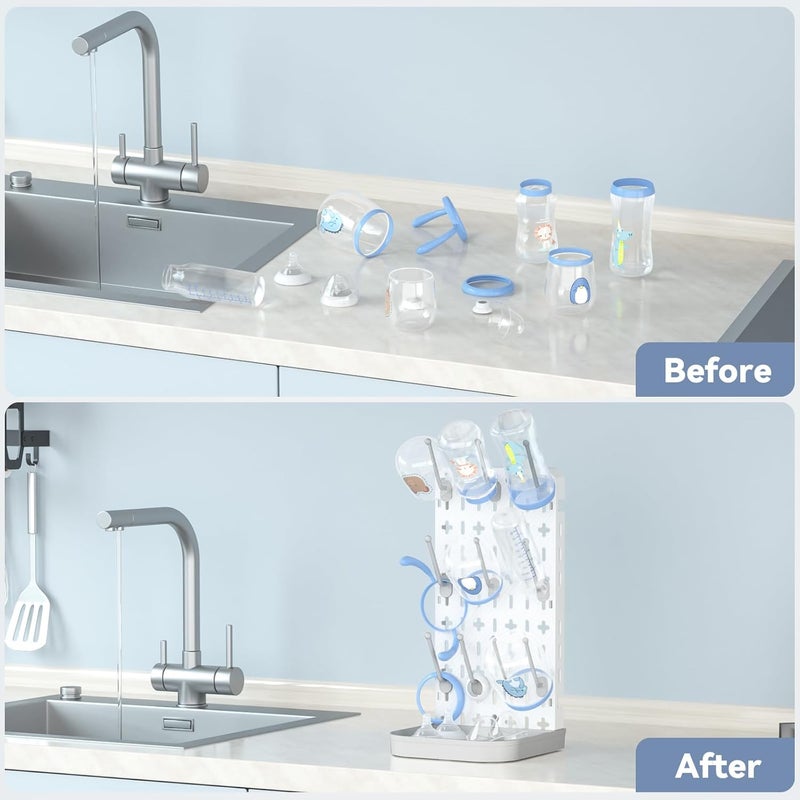 CLESOO Baby Bottle Drying Rack Bottle Dryer Rack for 12 Bottle Drying Rack Space Saving Kitchen Countertop Vertical Cup Drainer Rack Detachable Baby Bottle Holder Storage Organizer Pump Part Dryer Rack Grey - Image 3